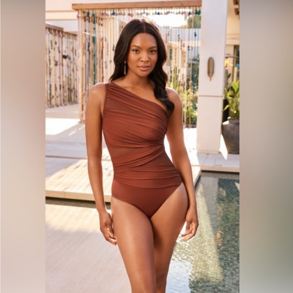 Miracle Suit Chocolate Brown One Shoulder Tummy Control One Piece Swimsuit Sz 8 - Picture 1 of 11